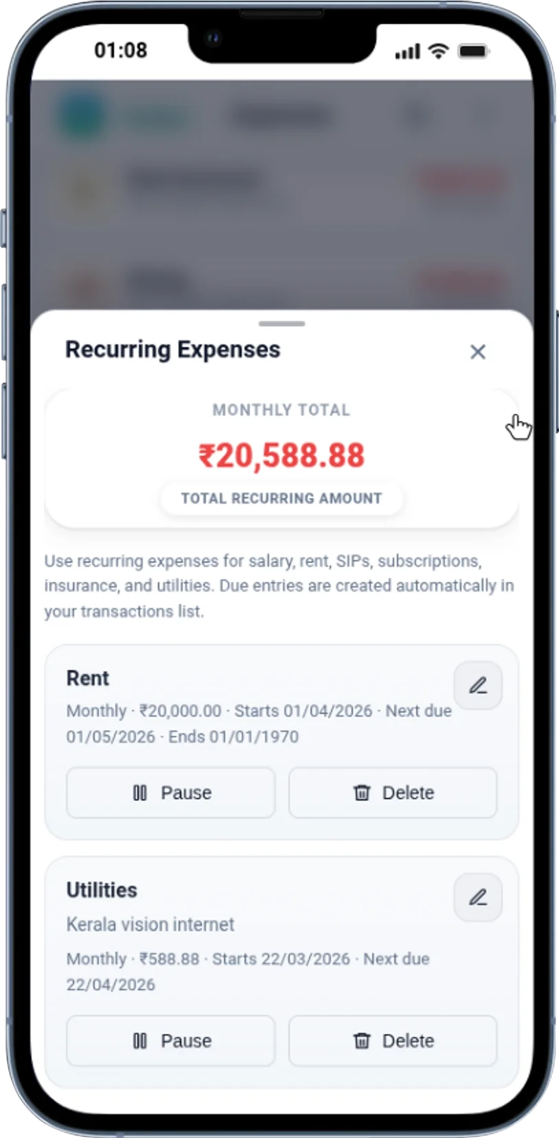 Recurring expenses schedule screen